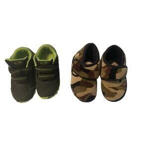Toddler boys black green gym shoes & camo slippers fair condition- both included